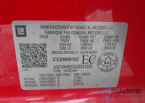 2018 Chevrolet Silverado 1500 1Lt/2Lt из США, поврежденный, VIN 1GCVKREC6JZ321125